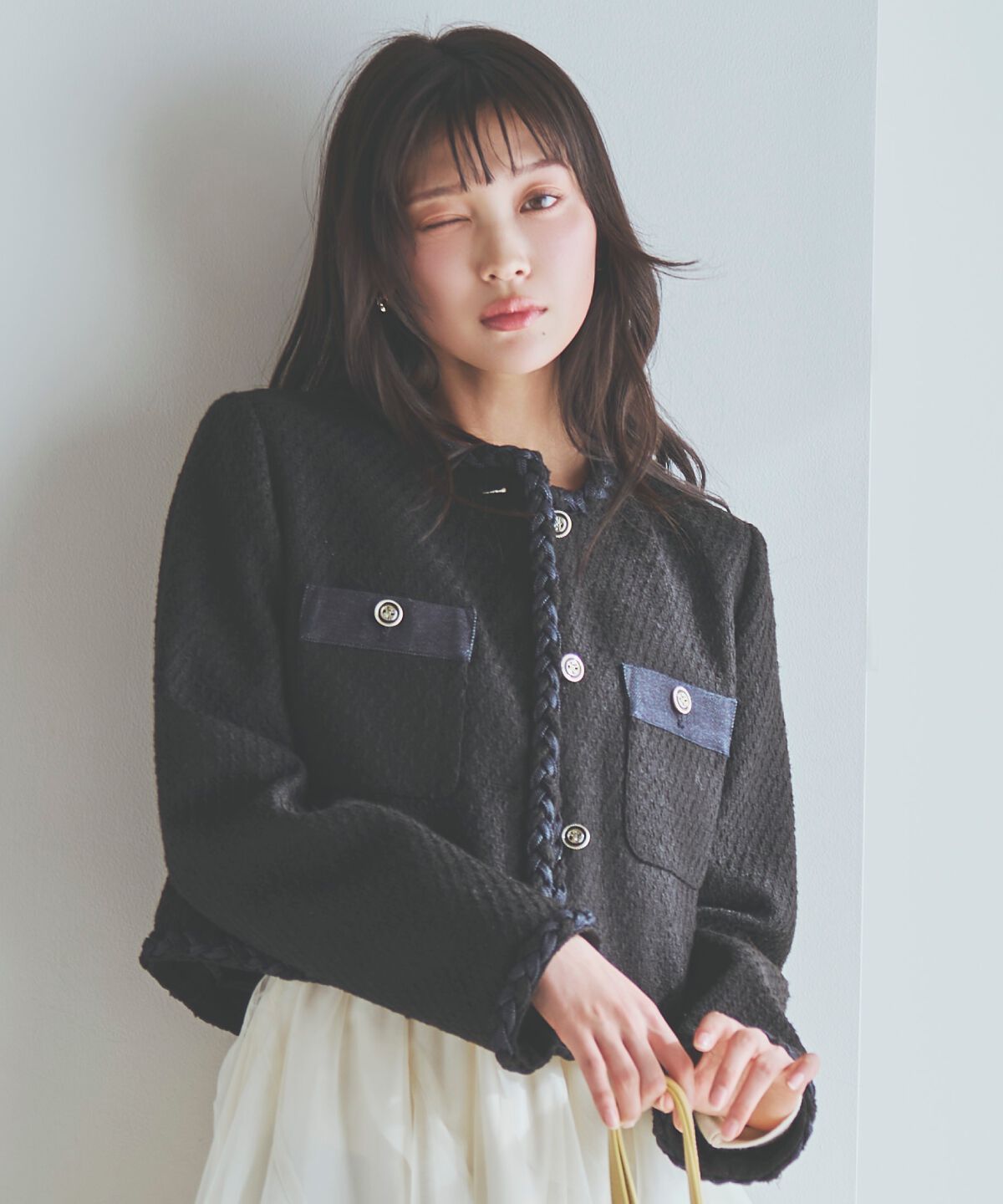 アンドクチュール「デニムコンビツイードジャケット」|ノーカラージャケット|