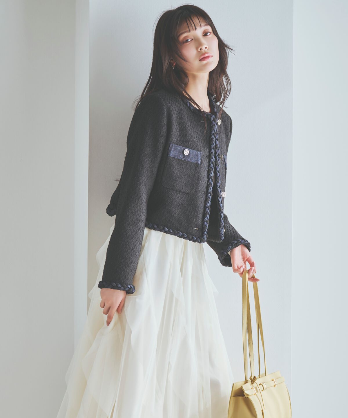 アンドクチュール「デニムコンビツイードジャケット」|ノーカラージャケット|