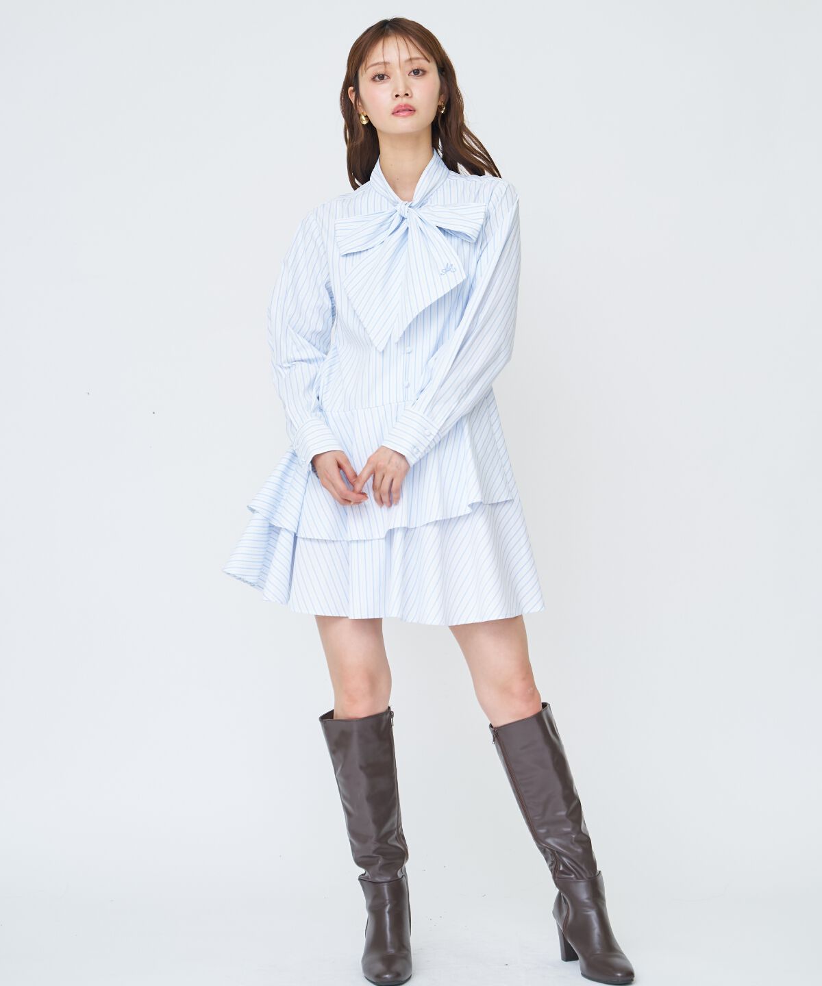 アンドクチュール「アシメストライプミニワンピース」|ワンピース|white/borderｽﾄﾗｲﾌﾟ