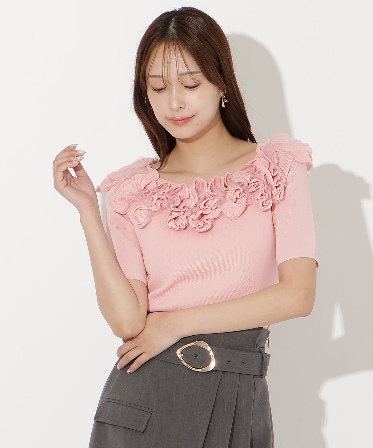 アンドクチュール「フリルボートネックニットプルオーバー」|ニット・セーター|ピンク