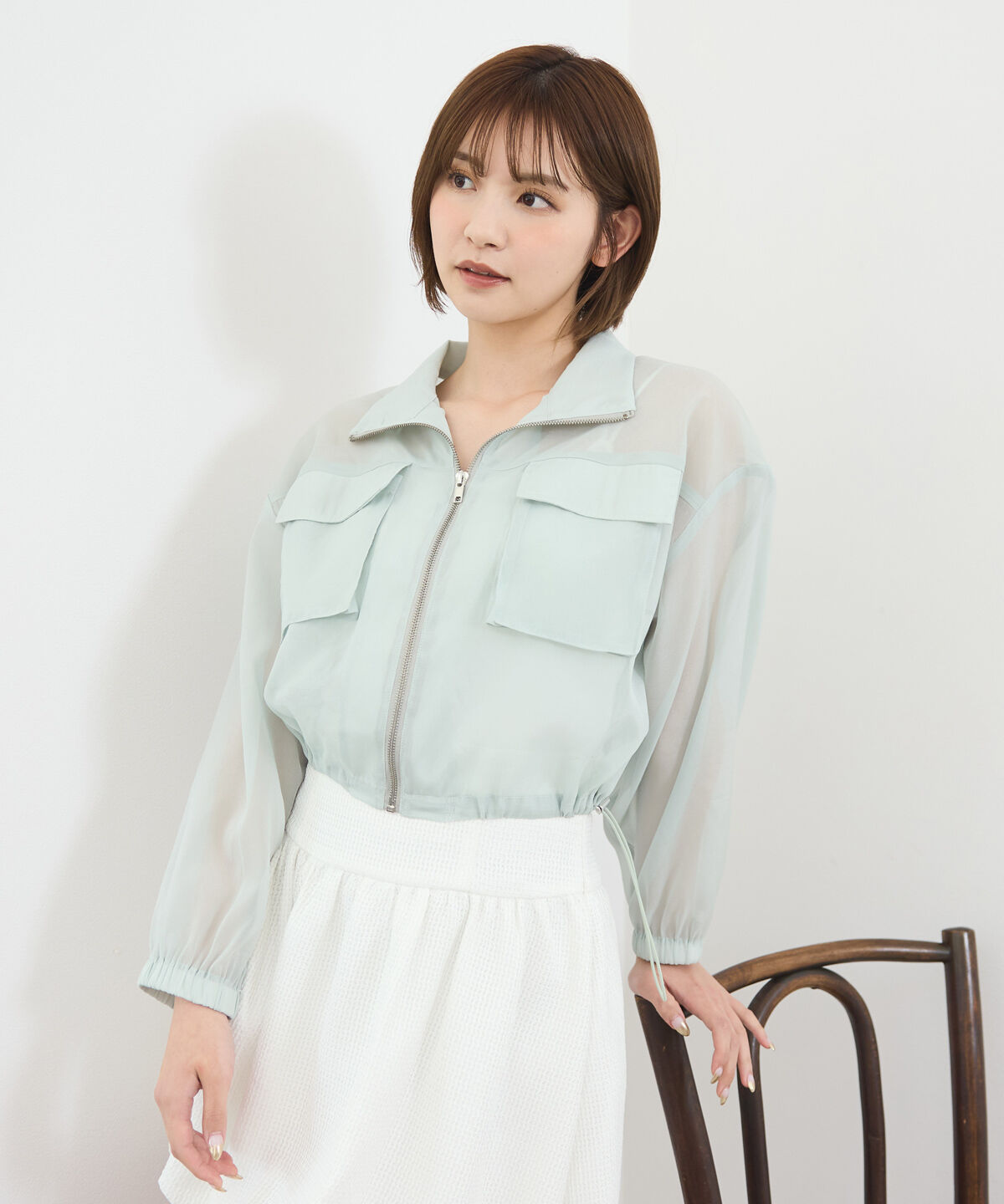 REDYAZEL「フロントポケットシアージャケット」|ノーカラージャケット|ミント