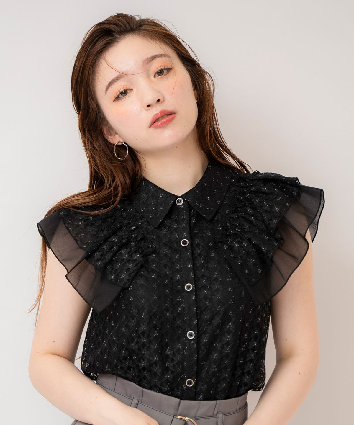 REDYAZEL「ラメレースフリルスリーブブラウス」|シャツ・ブラウス|ブラック