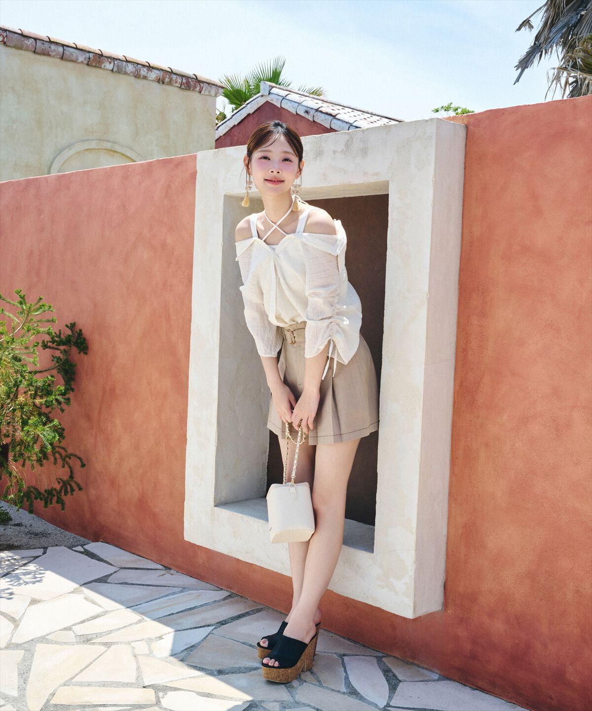 REDYAZEL「配色ステッチハイウエストタックショートパンツ」|キュロット|