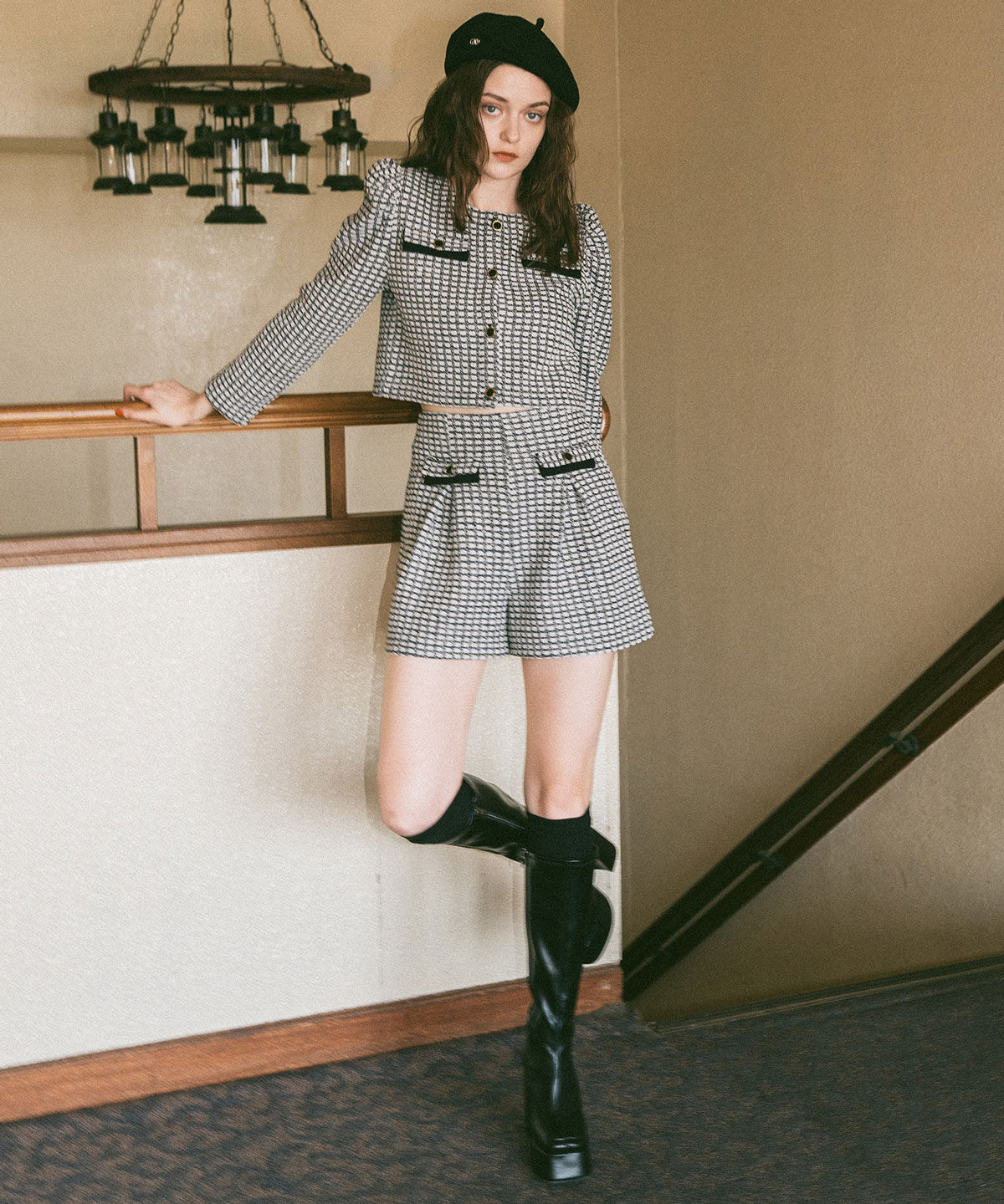 REDYAZEL「カットツイードジャケット&times;ショートパンツセットアップ」|ワンピース|白系その他