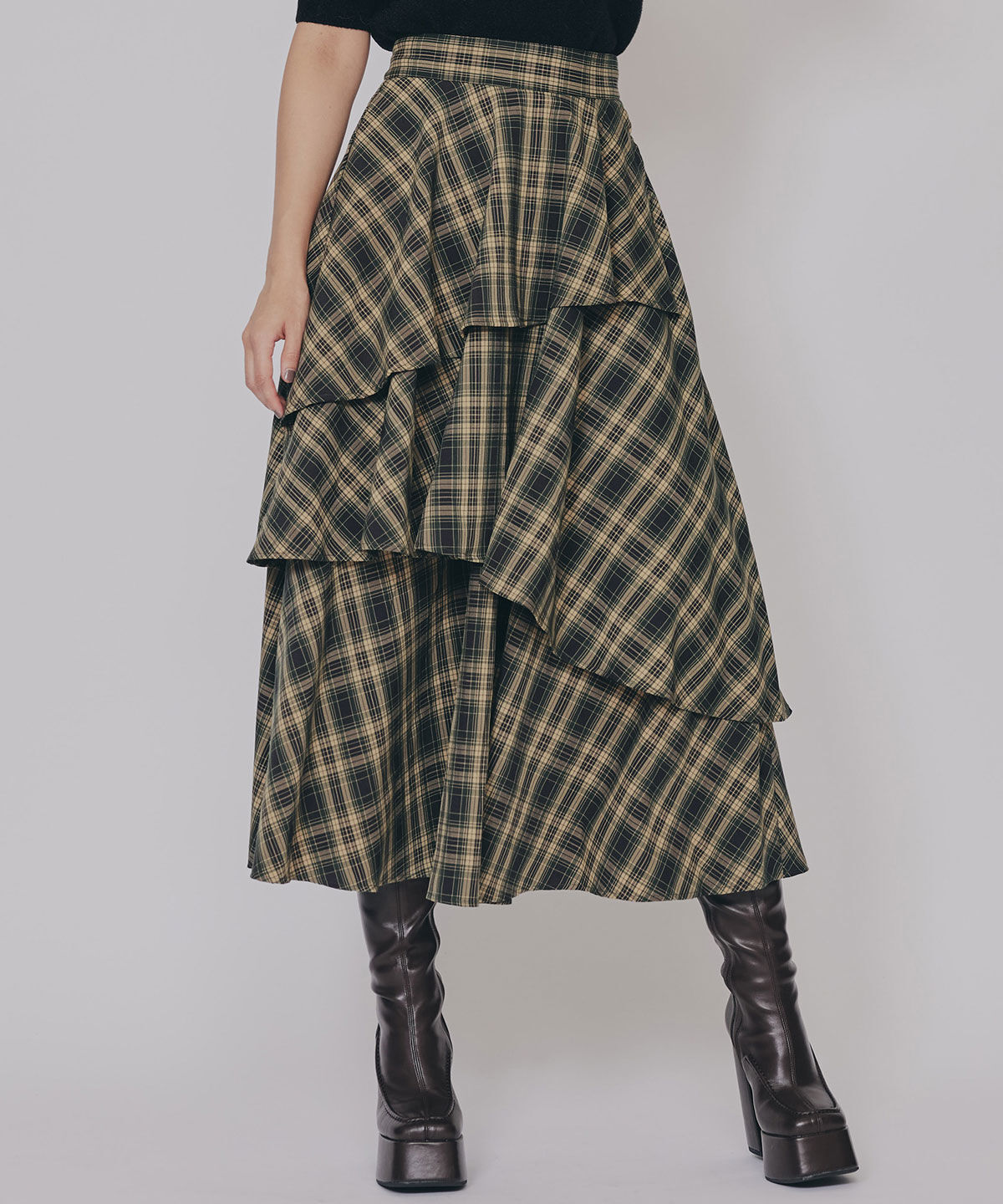 REDYAZEL「タータンチェックティアードスカート」|フレア|ｸﾞﾘｰﾝ系ﾁｪｯｸ