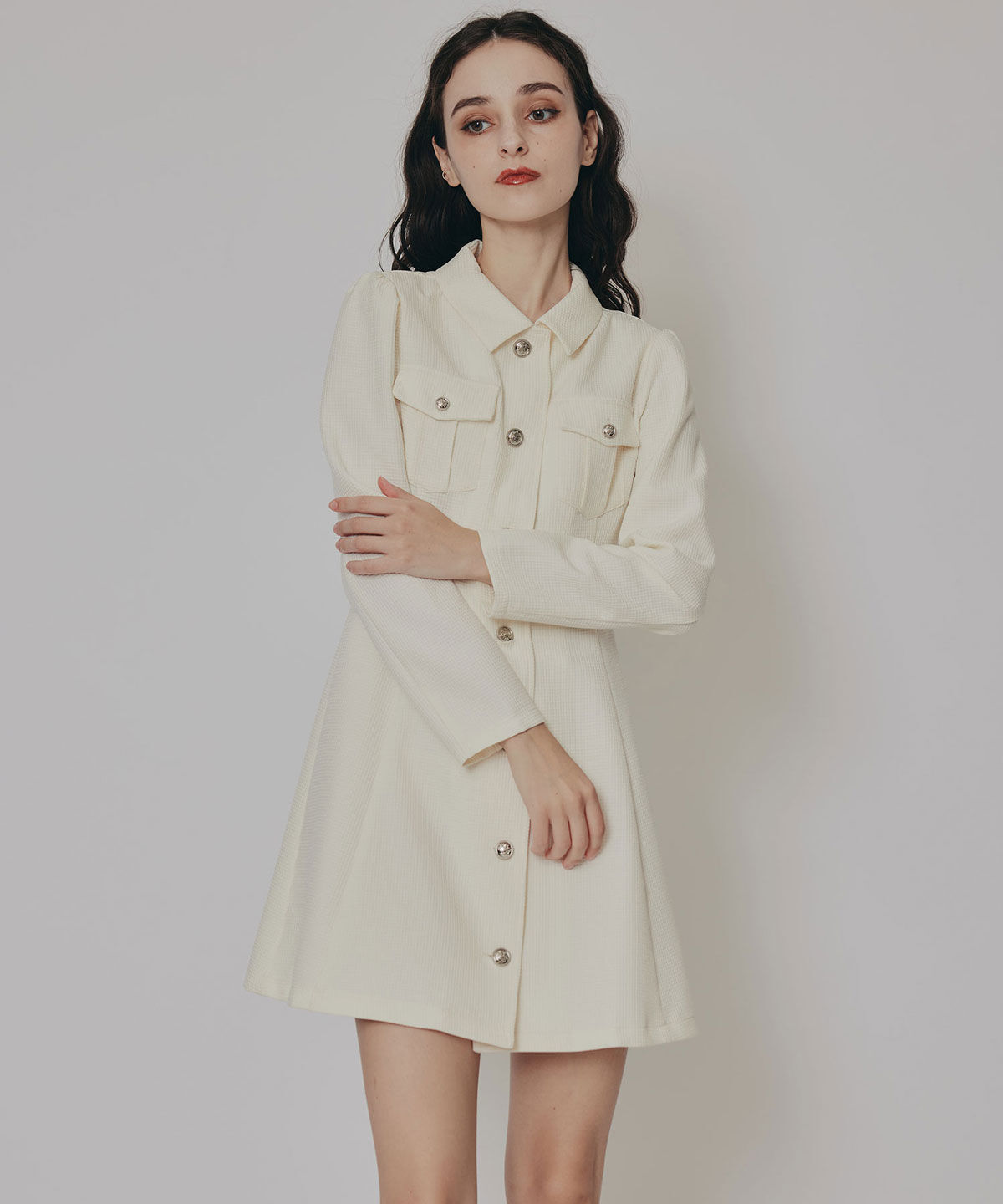 REDYAZEL「エンブレムボタンマイクロワッフルシャツワンピース」|ワンピース|