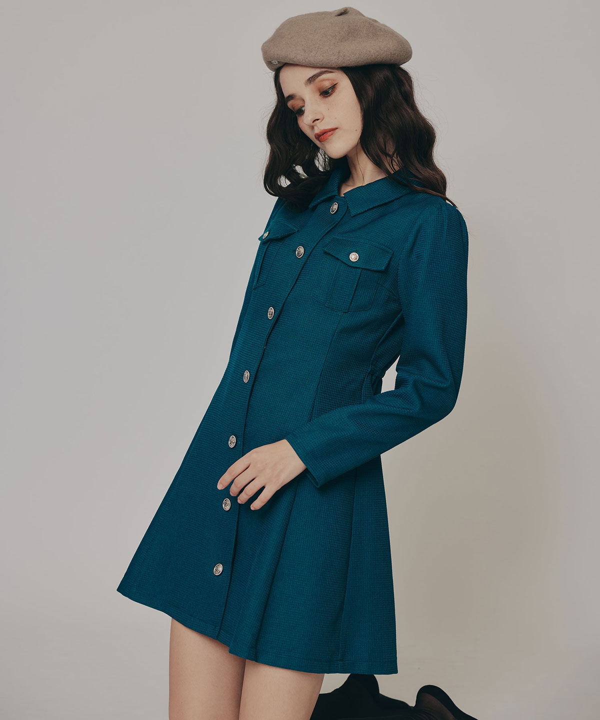 REDYAZEL「エンブレムボタンマイクロワッフルシャツワンピース」|ワンピース|