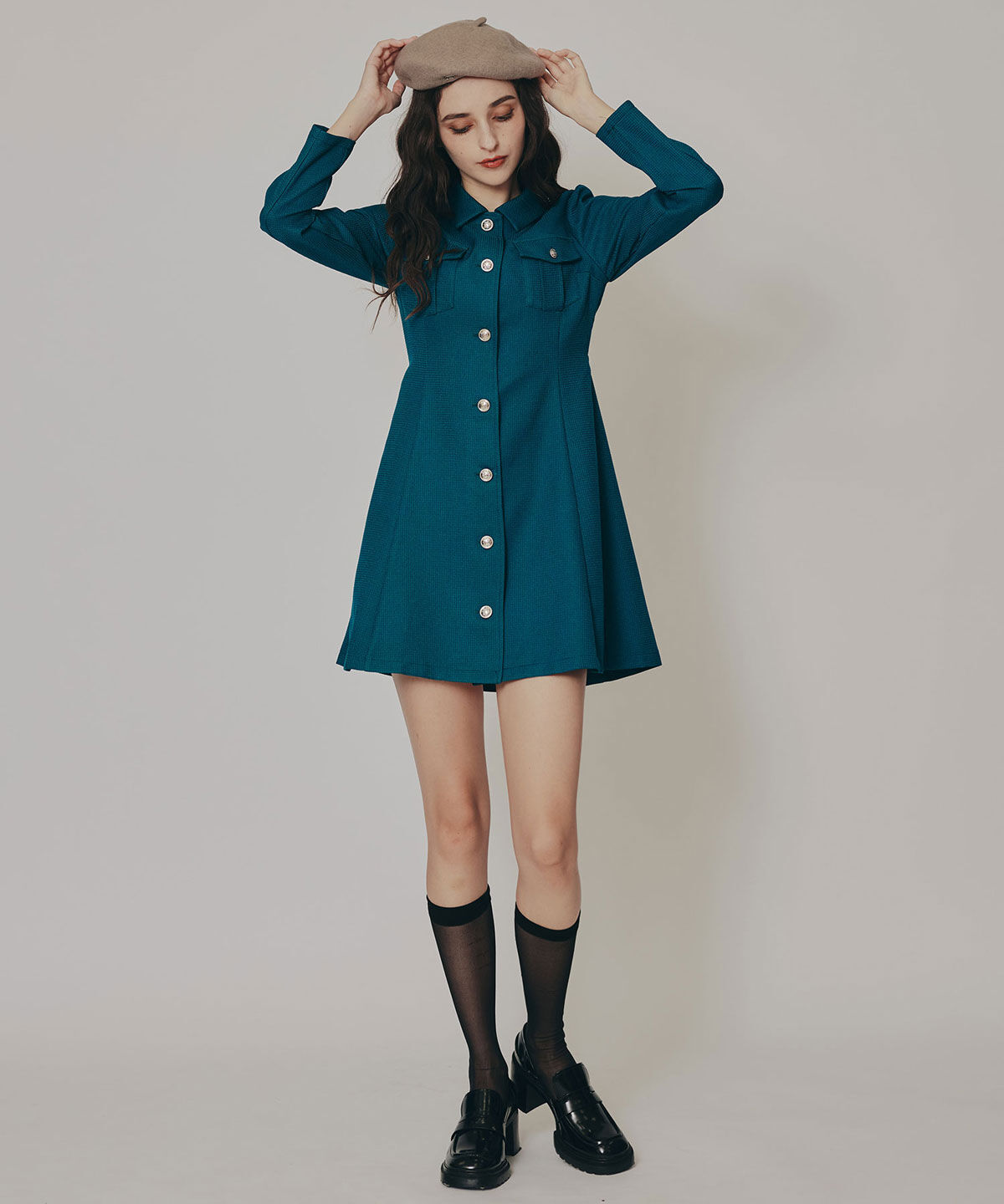 REDYAZEL「エンブレムボタンマイクロワッフルシャツワンピース」|ワンピース|