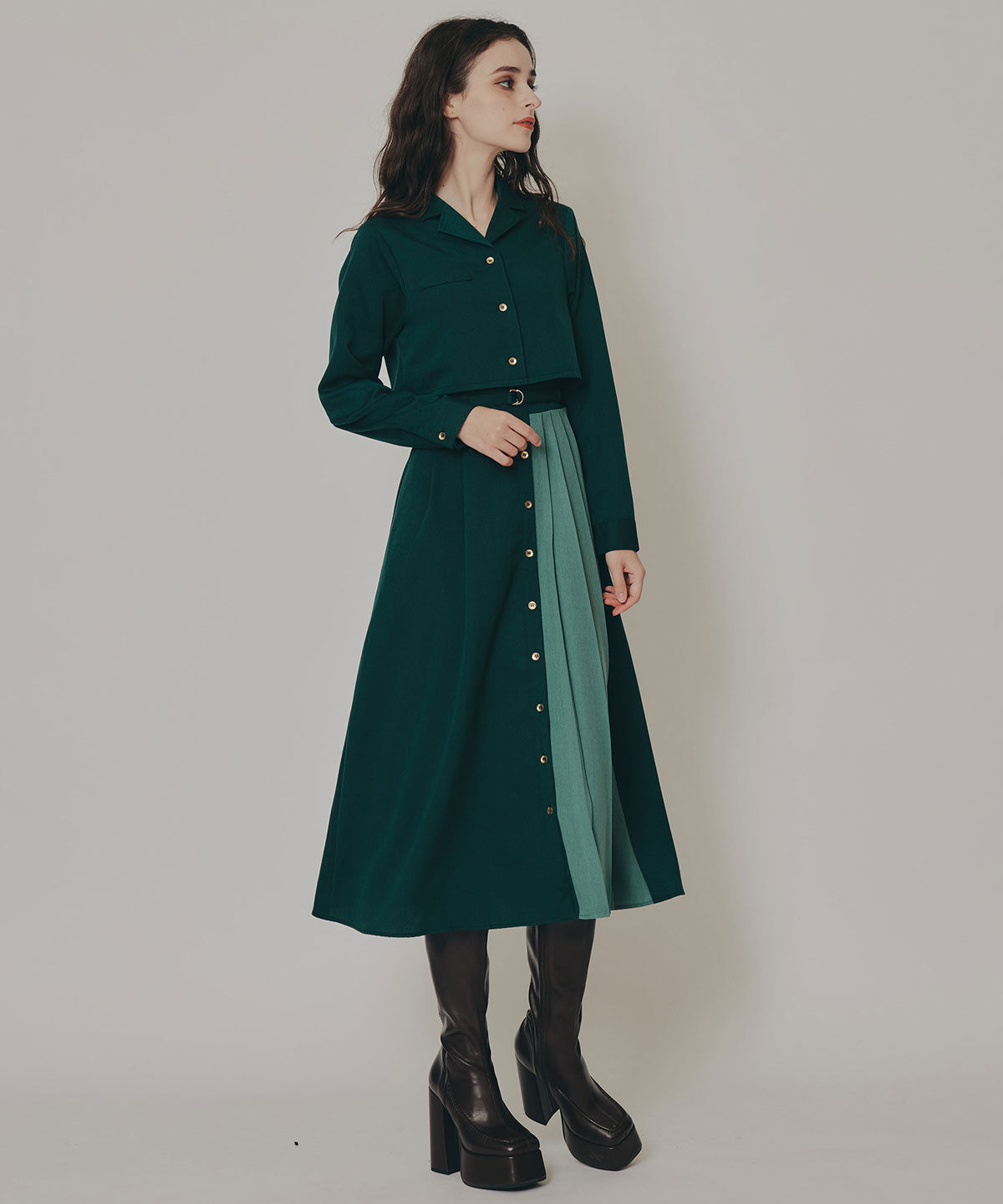 REDYAZEL「バイカラーアシメプリーツロングスリーブシャツワンピース」|ワンピース|