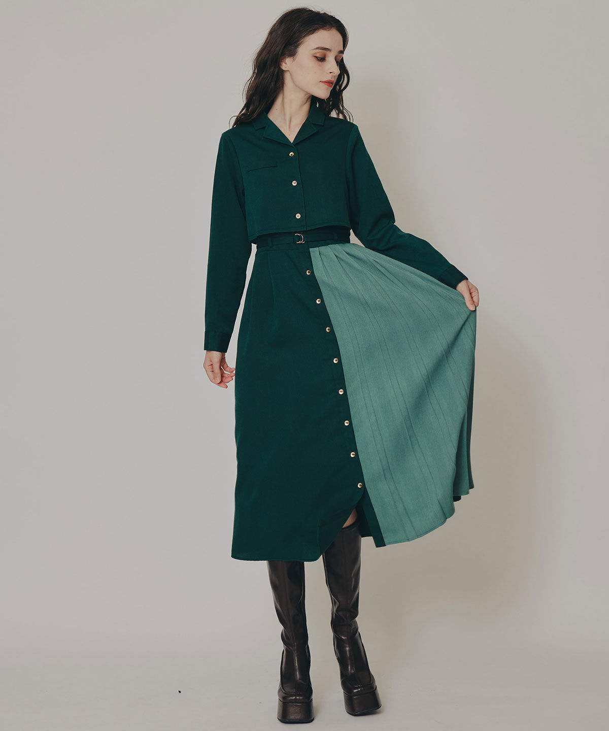 REDYAZEL「バイカラーアシメプリーツロングスリーブシャツワンピース」|ワンピース|