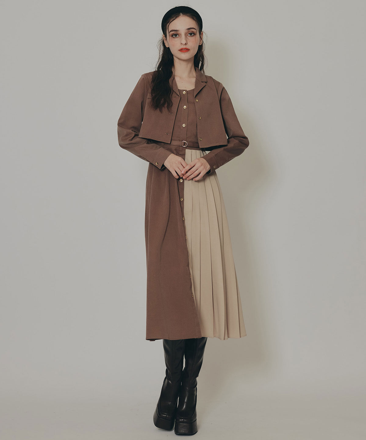 REDYAZEL「バイカラーアシメプリーツロングスリーブシャツワンピース」|ワンピース|