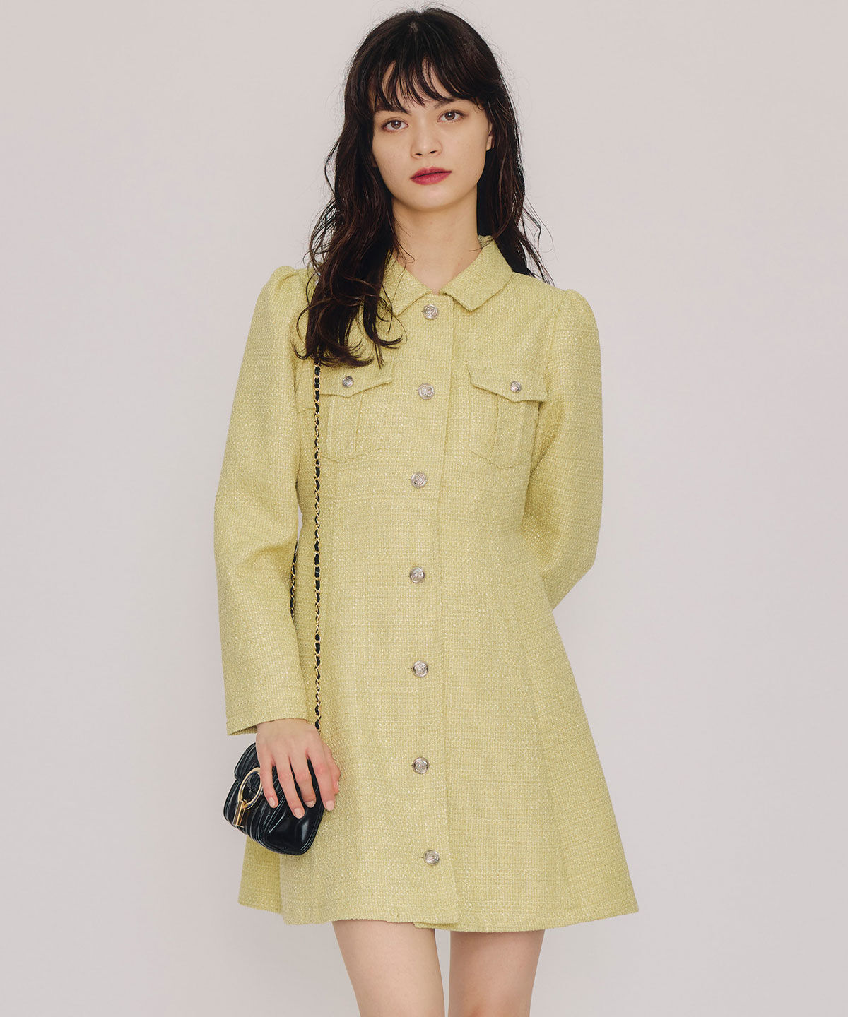 REDYAZEL「エンブレムボタンツイードシャツミニワンピース」|ワンピース|イエロー