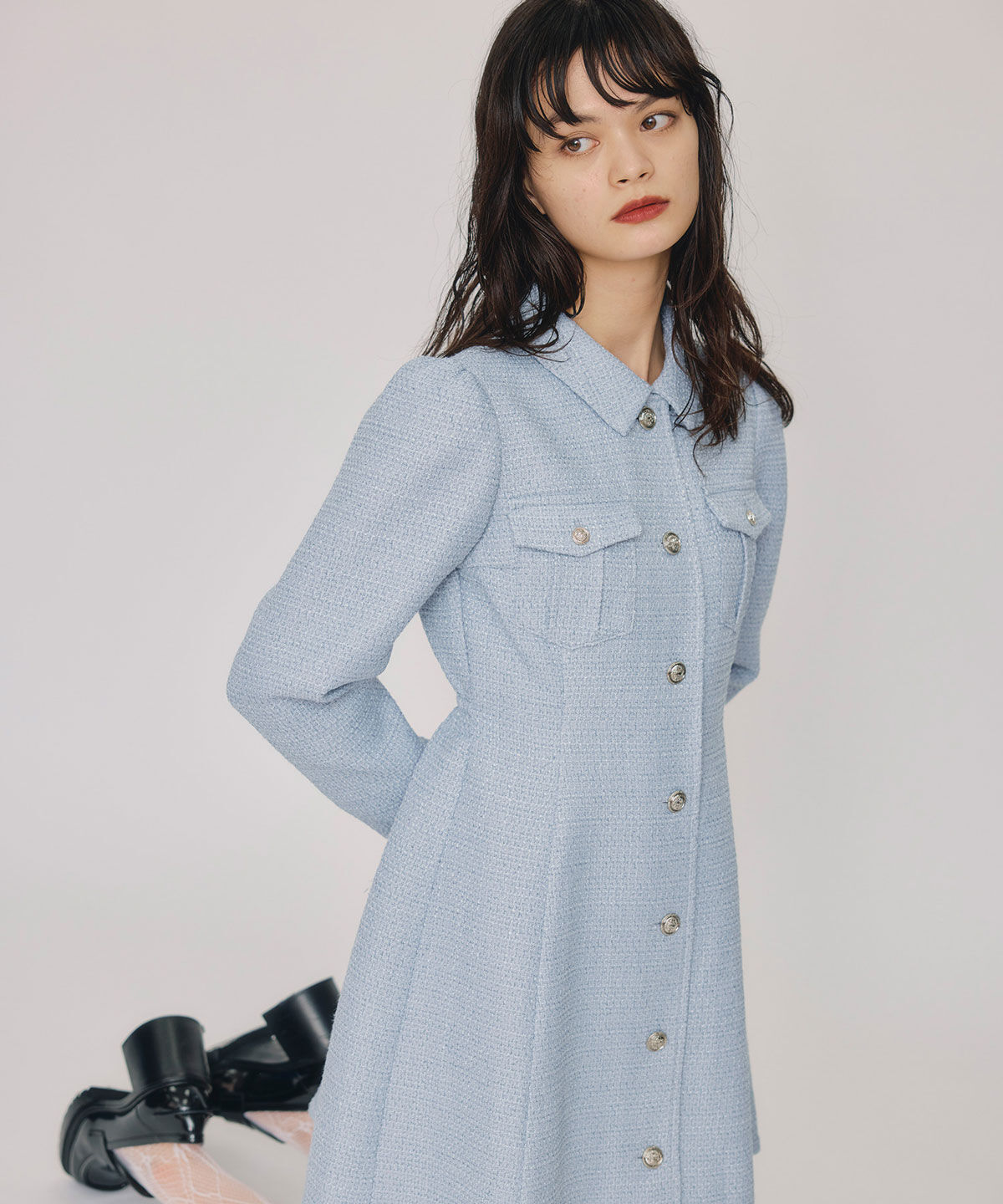 REDYAZEL「エンブレムボタンツイードシャツミニワンピース」|ワンピース|ブルー