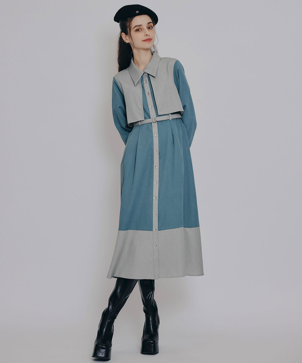 REDYAZEL「カラーブロッキングシャツロングフレアワンピース」|ワンピース|