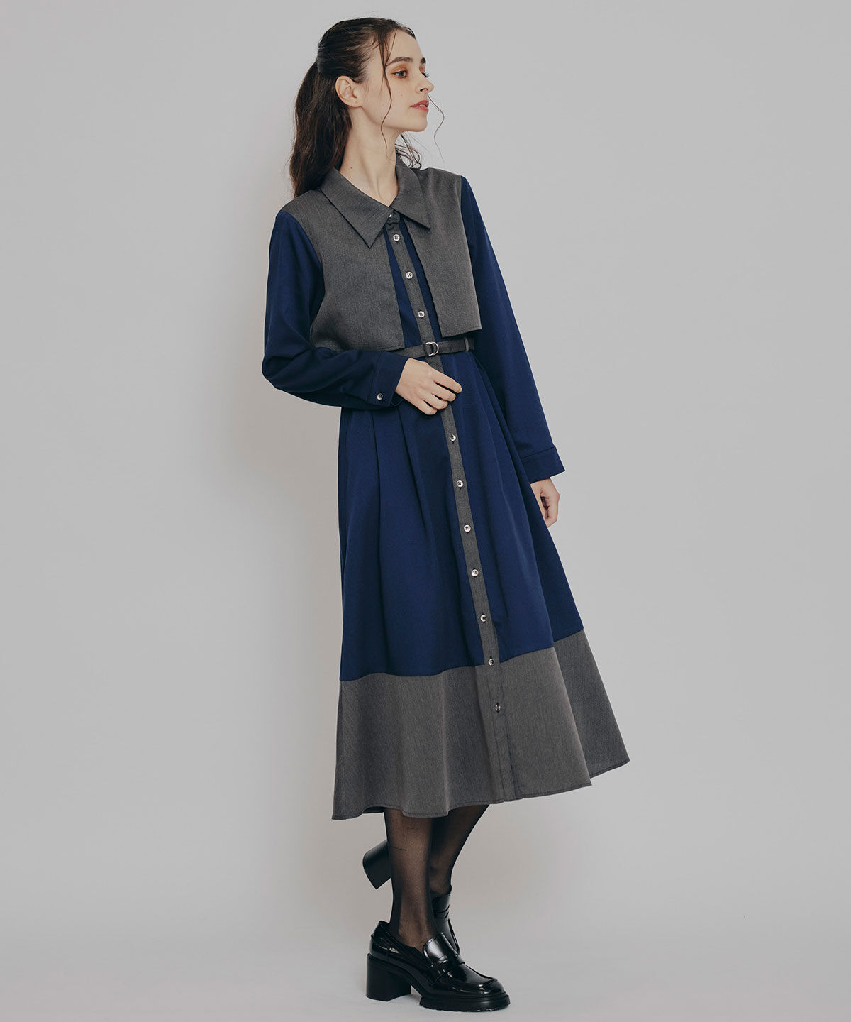 REDYAZEL「カラーブロッキングシャツロングフレアワンピース」|ワンピース|ネイビー