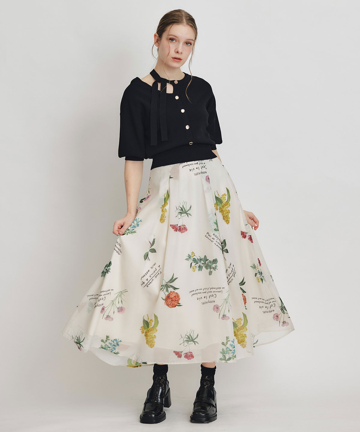 REDYAZEL「シアーフラワータックフレアロングスカート」|フレア|