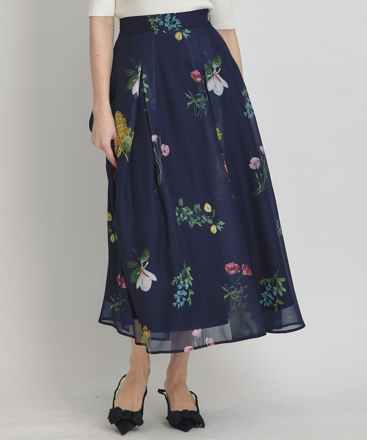 REDYAZEL「シアーフラワータックフレアロングスカート」|フレア|ネイビー