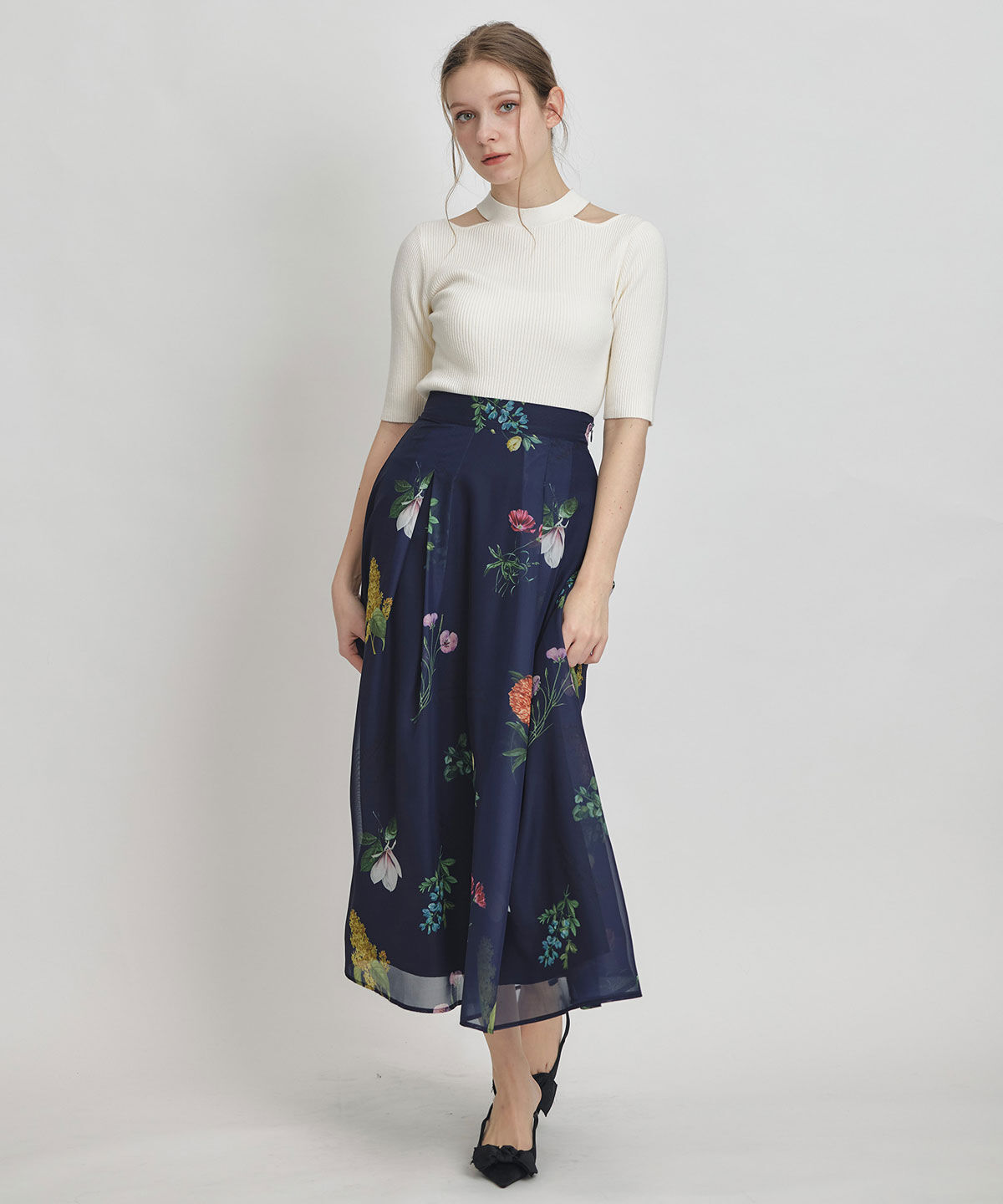 REDYAZEL「シアーフラワータックフレアロングスカート」|フレア|