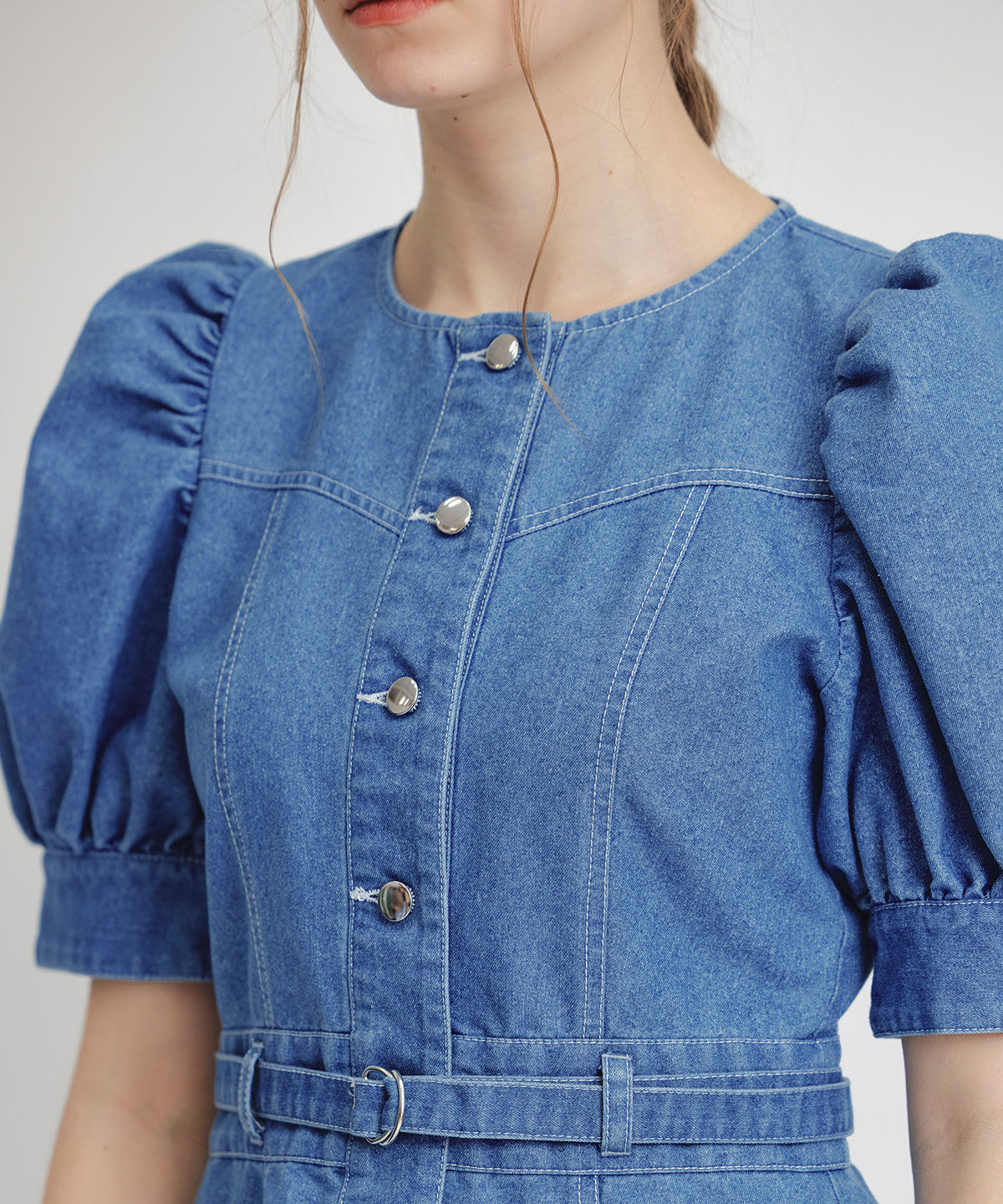 REDYAZEL「ノーカラーデニムパフフレアロングワンピース」|ワンピース|