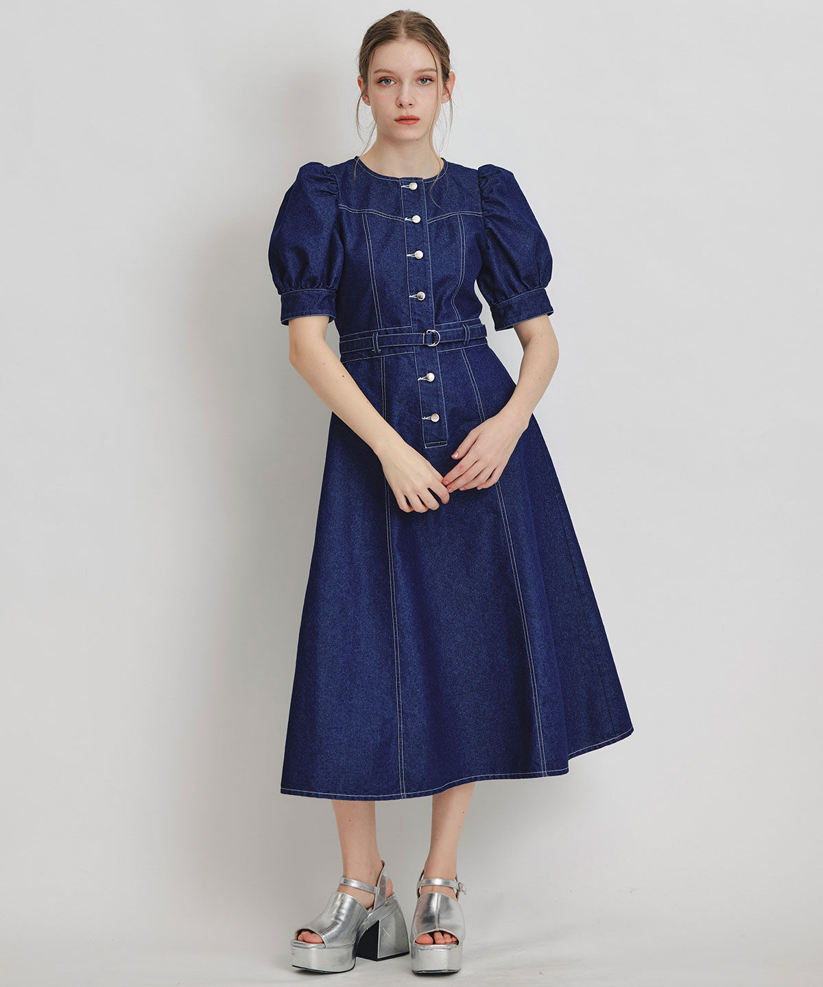 REDYAZEL「ノーカラーデニムパフフレアロングワンピース」|ワンピース|ネイビー