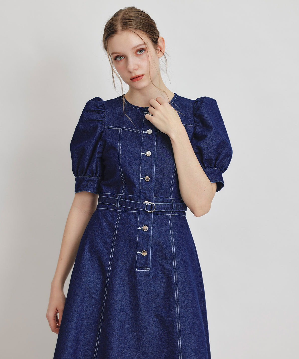 REDYAZEL「ノーカラーデニムパフフレアロングワンピース」|ワンピース|