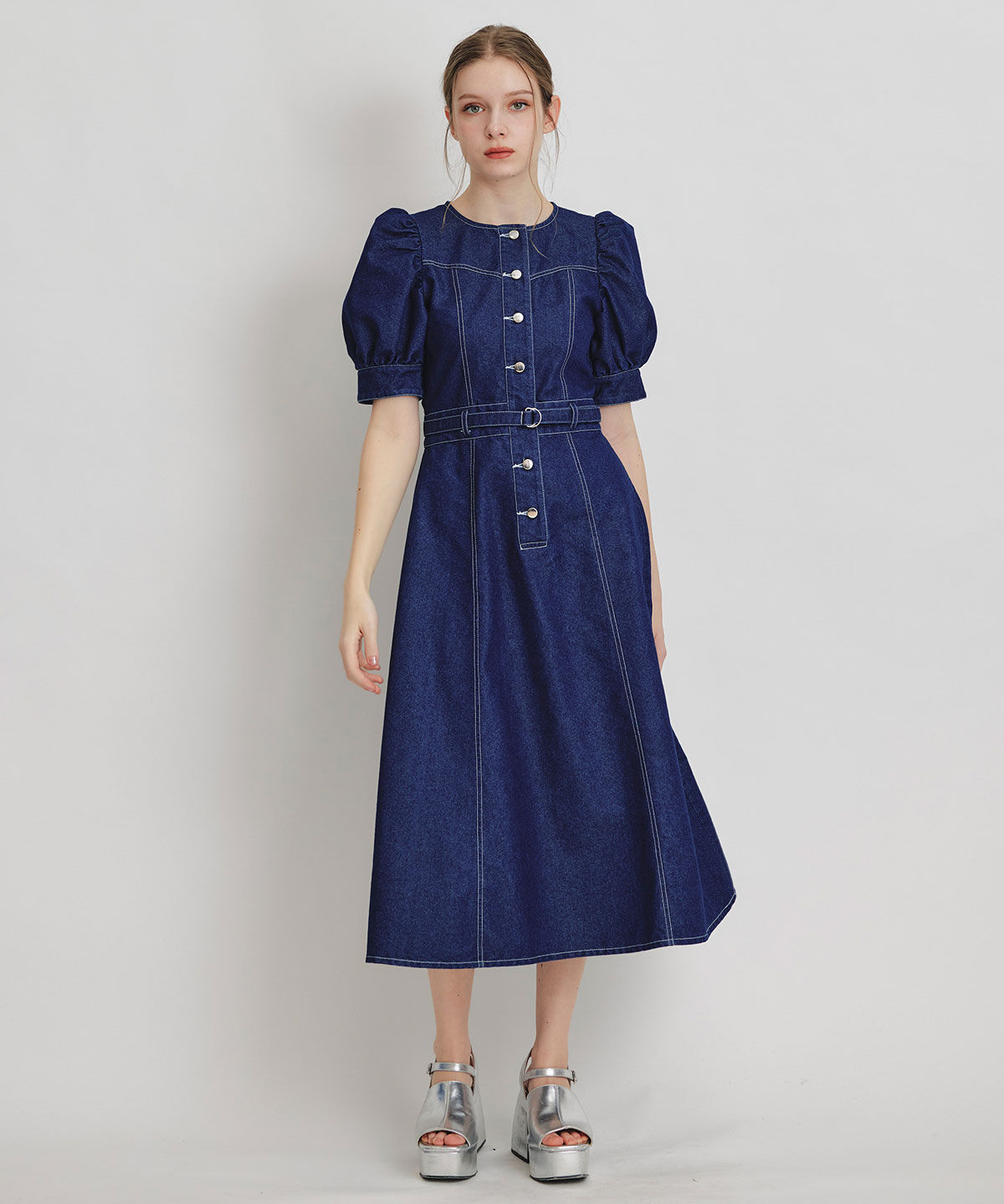 REDYAZEL「ノーカラーデニムパフフレアロングワンピース」|ワンピース|