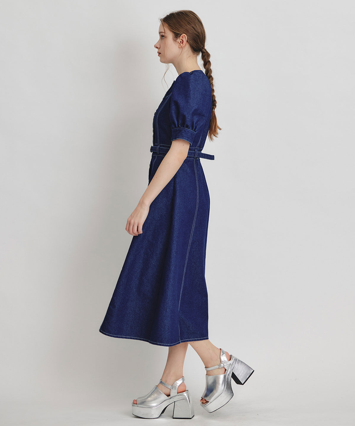 REDYAZEL「ノーカラーデニムパフフレアロングワンピース」|ワンピース|