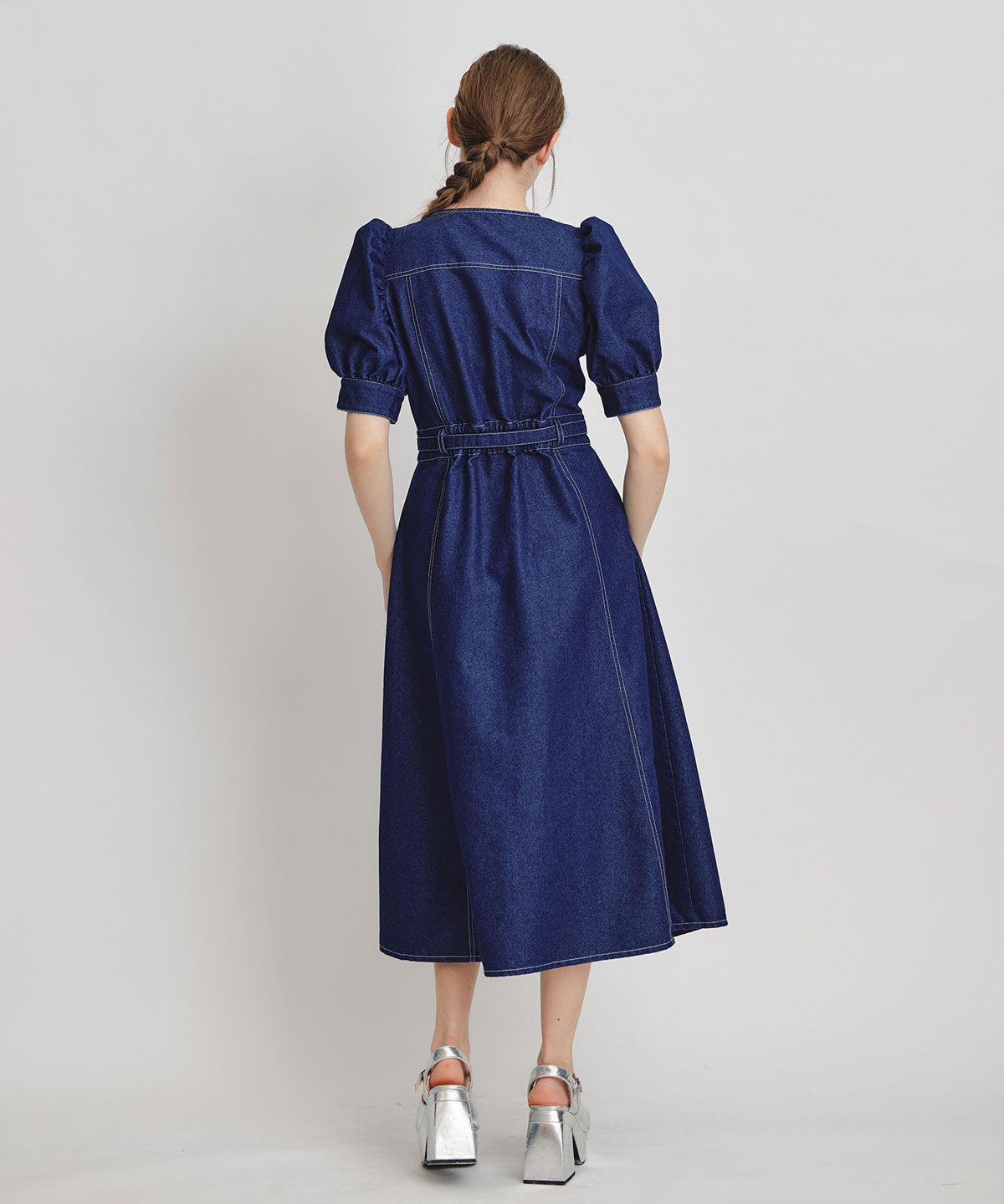 REDYAZEL「ノーカラーデニムパフフレアロングワンピース」|ワンピース|