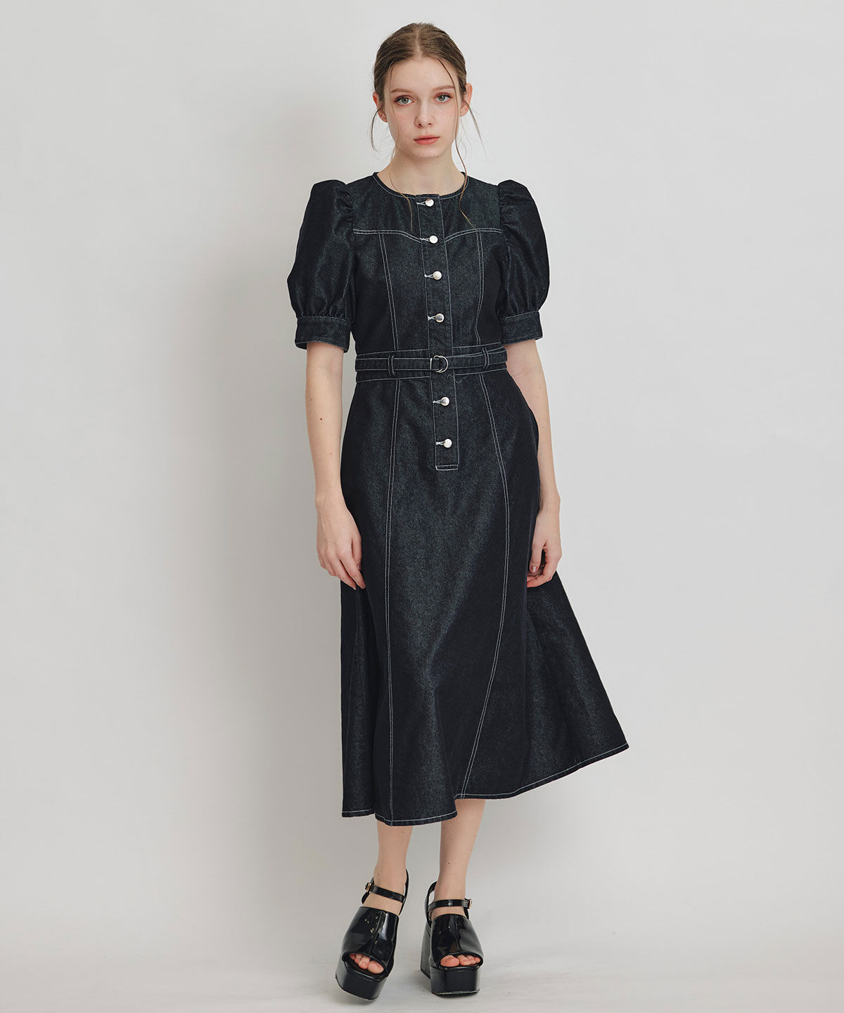 REDYAZEL「ノーカラーデニムパフフレアロングワンピース」|ワンピース|