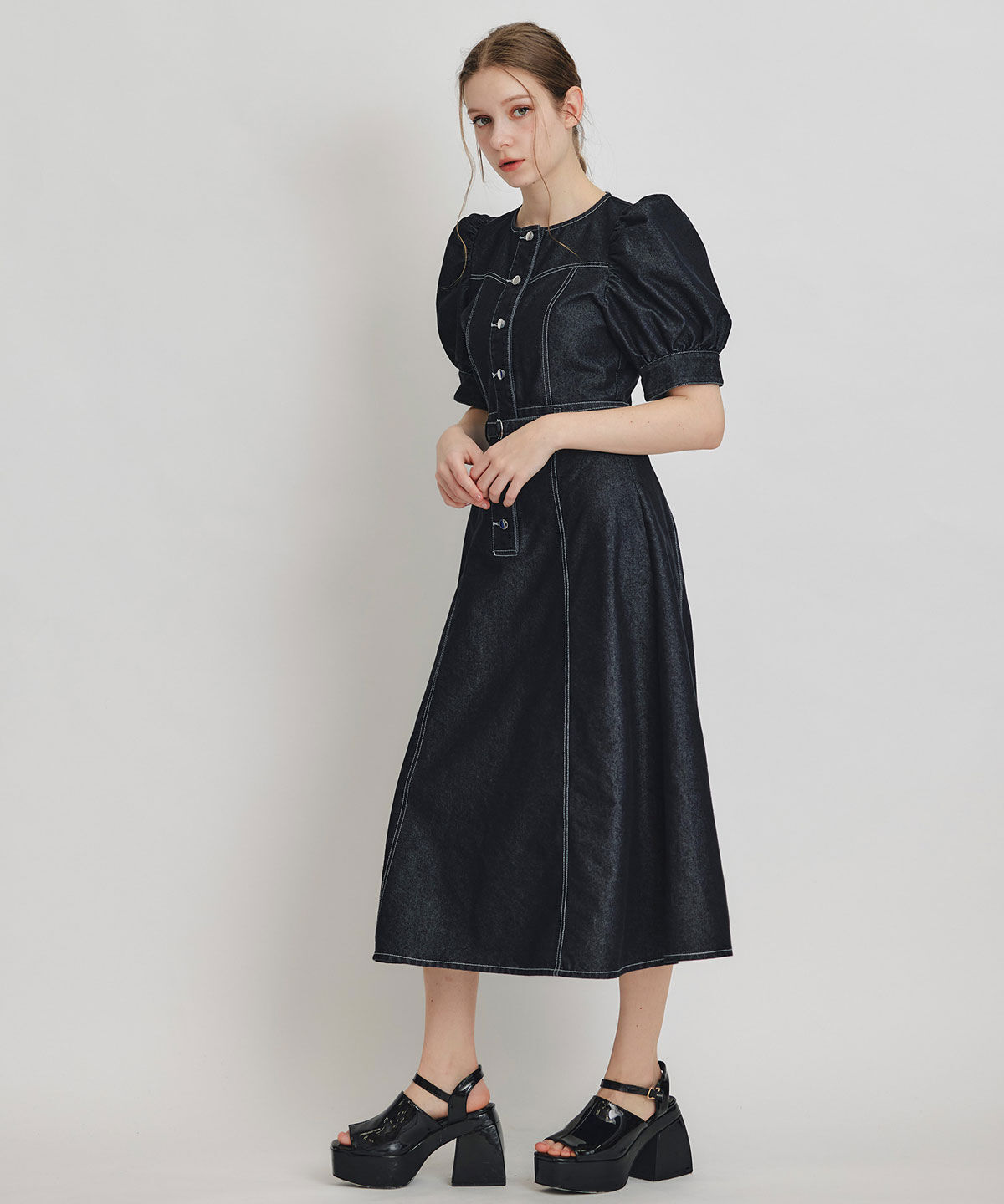 REDYAZEL「ノーカラーデニムパフフレアロングワンピース」|ワンピース|