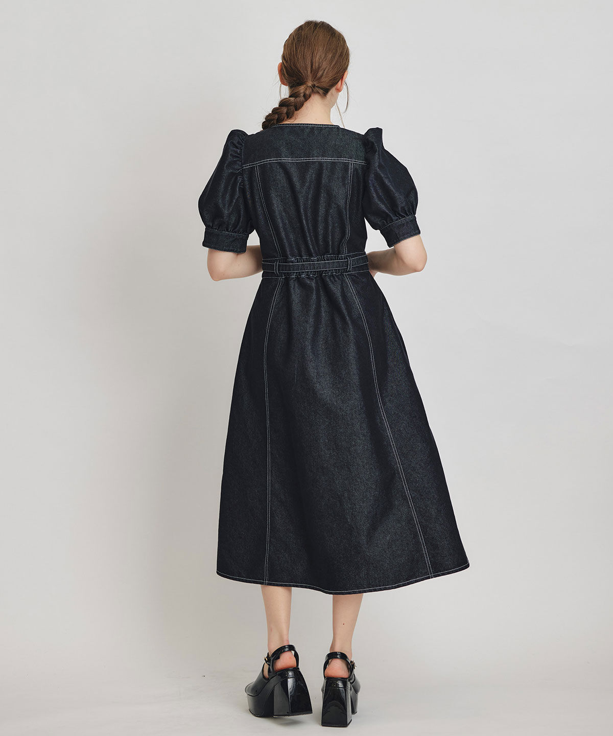 REDYAZEL「ノーカラーデニムパフフレアロングワンピース」|ワンピース|