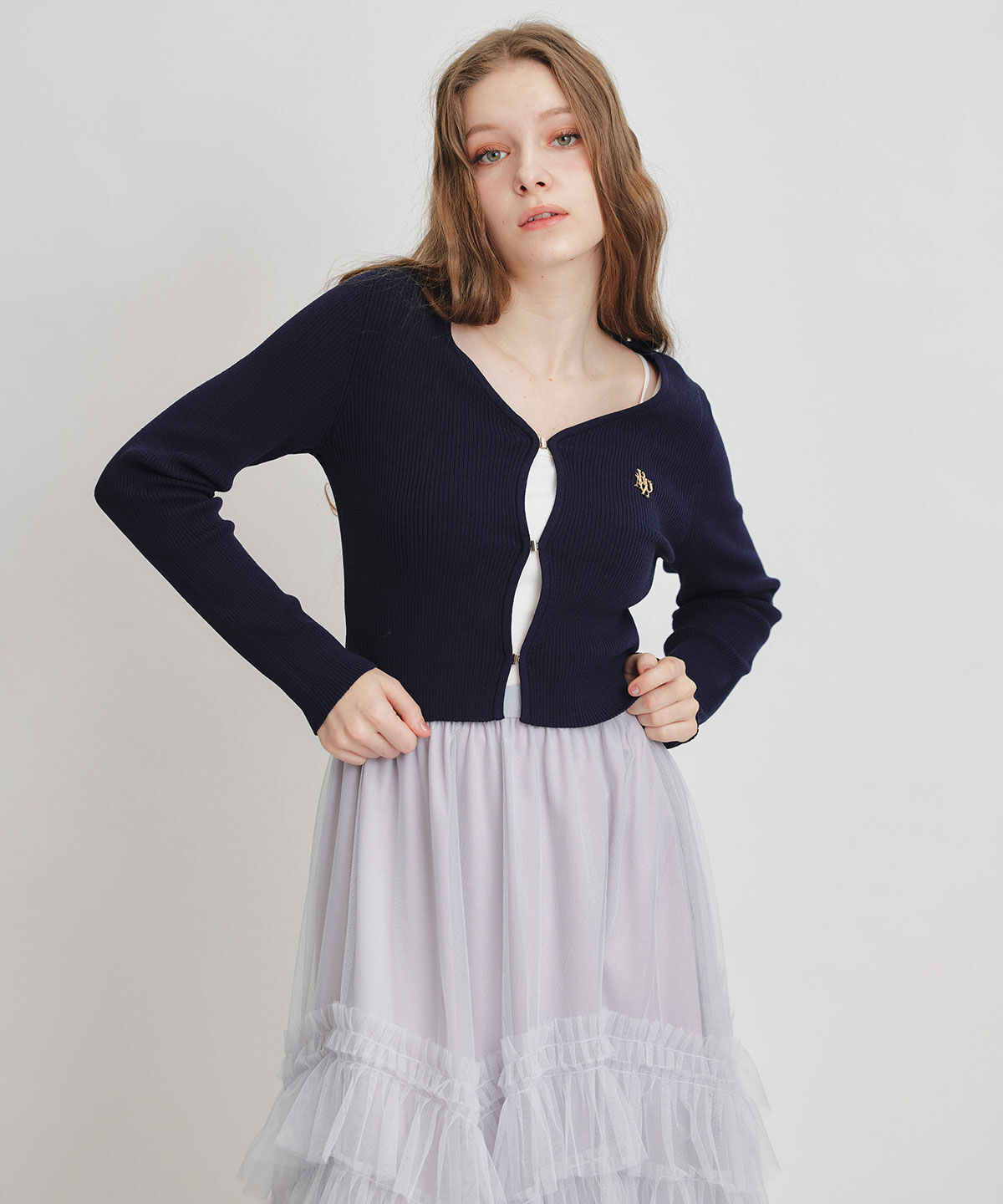 REDYAZEL「ロゴプレートリブニットカーディガン」|カーディガン|