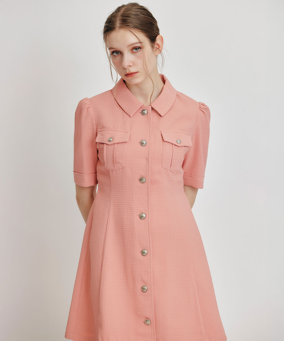 REDYAZEL「エンブレムボタンワッフルミニシャツワンピース」|ワンピース|ピンク