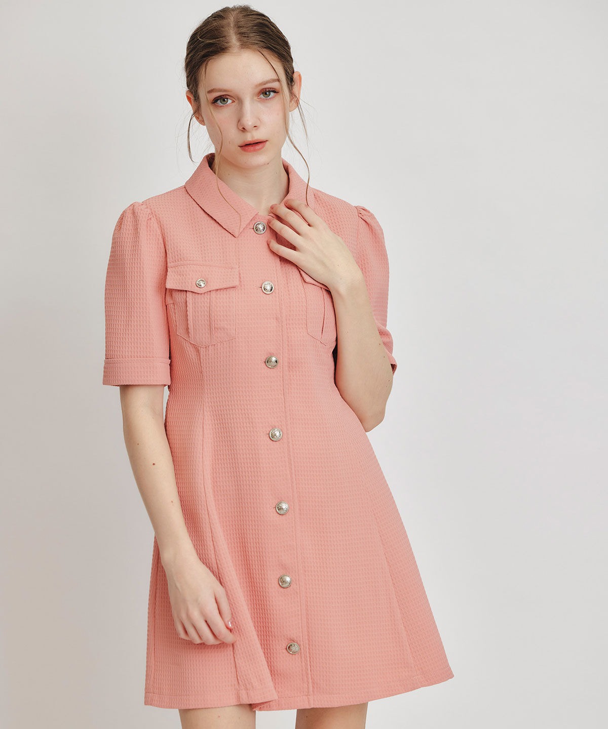 REDYAZEL「エンブレムボタンワッフルミニシャツワンピース」|ワンピース|