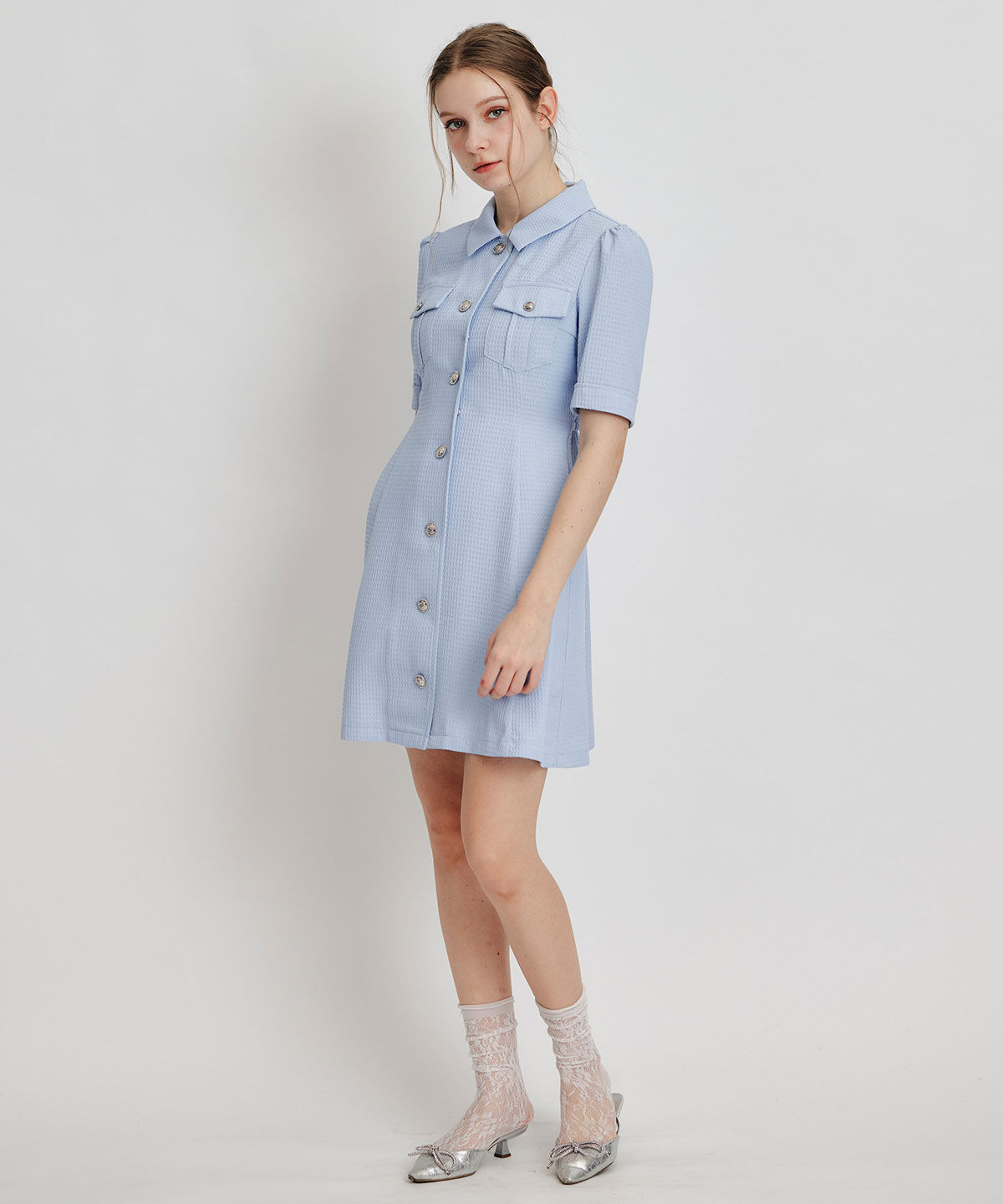 REDYAZEL「エンブレムボタンワッフルミニシャツワンピース」|ワンピース|