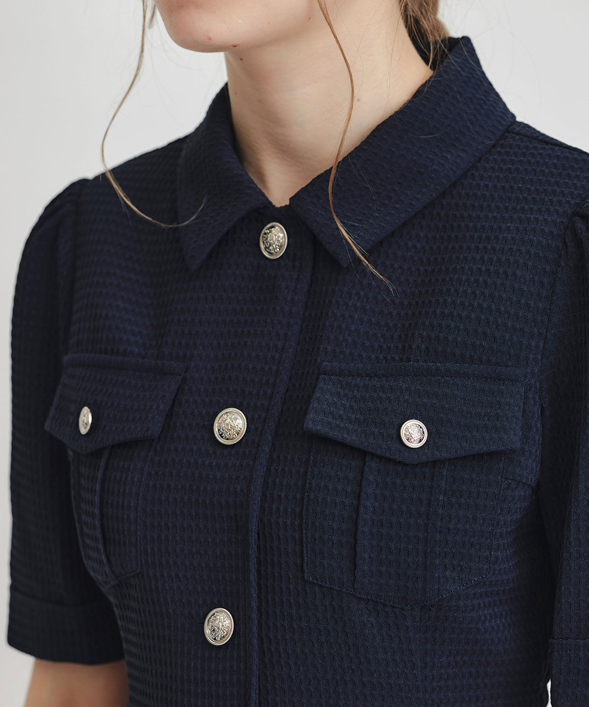 REDYAZEL「エンブレムボタンワッフルミニシャツワンピース」|ワンピース|