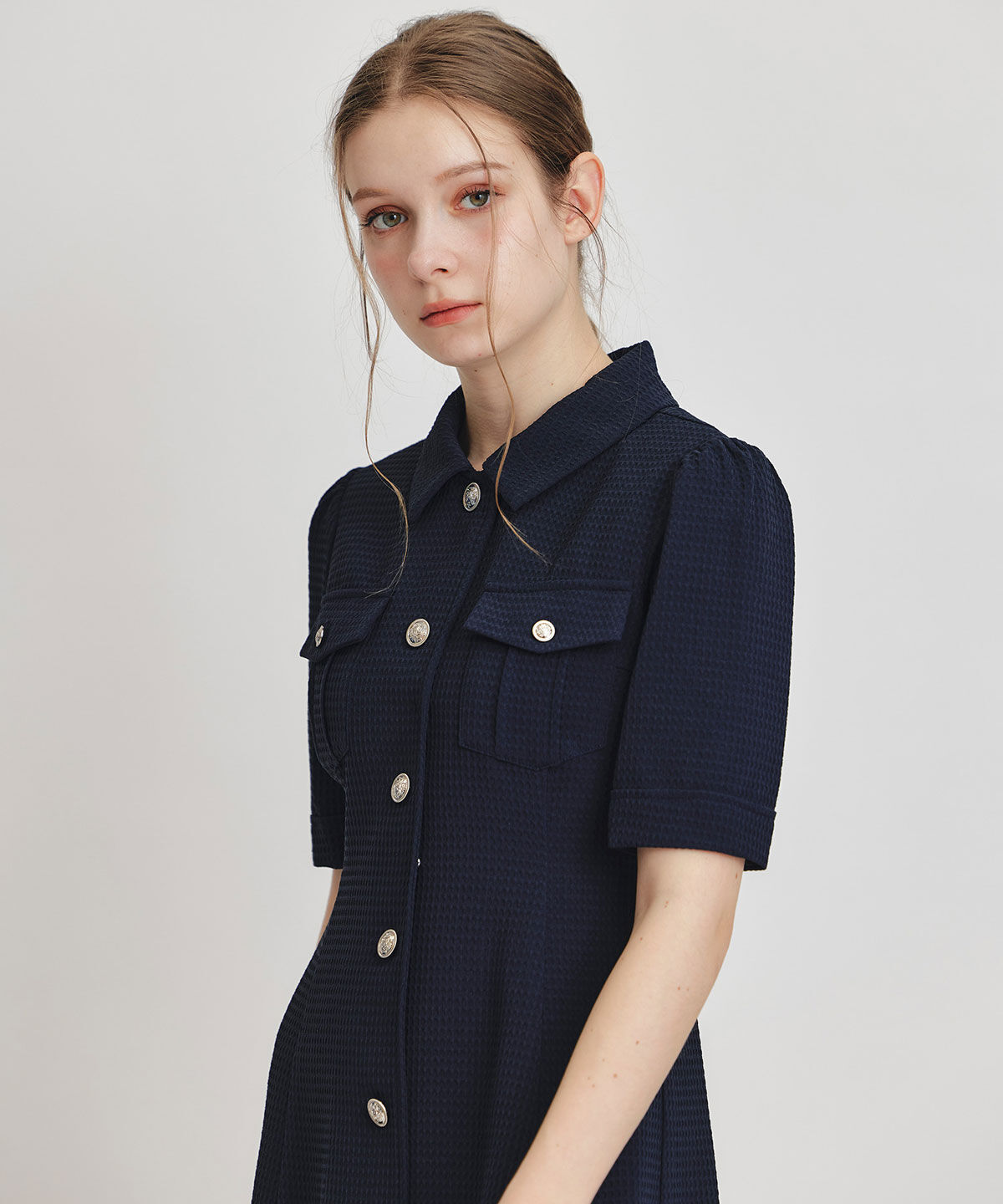REDYAZEL「エンブレムボタンワッフルミニシャツワンピース」|ワンピース|