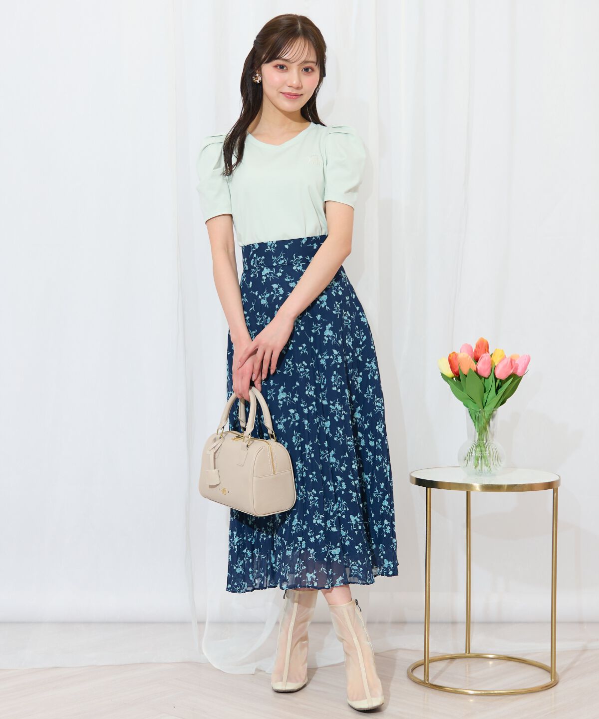 WILLSELECTION「ランダムプリーツフラワースカート」|フレア|紺系花柄