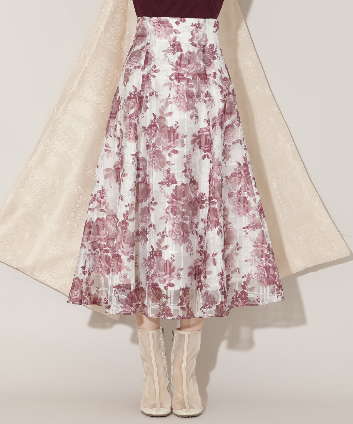 WILLSELECTION「モノトーンフラワーオーガンジーフレアスカート」|フレア|