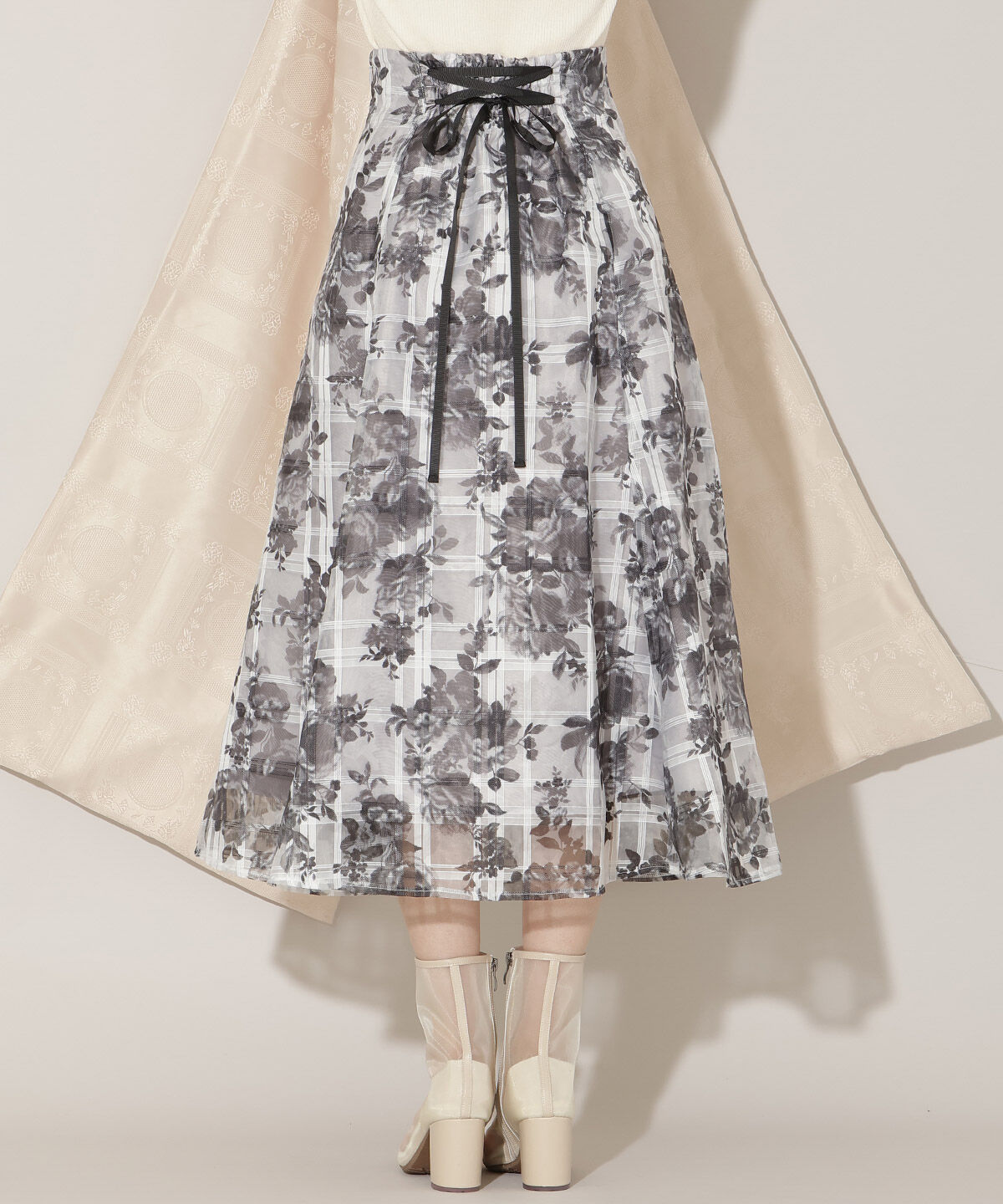 WILLSELECTION「モノトーンフラワーオーガンジーフレアスカート」|フレア|