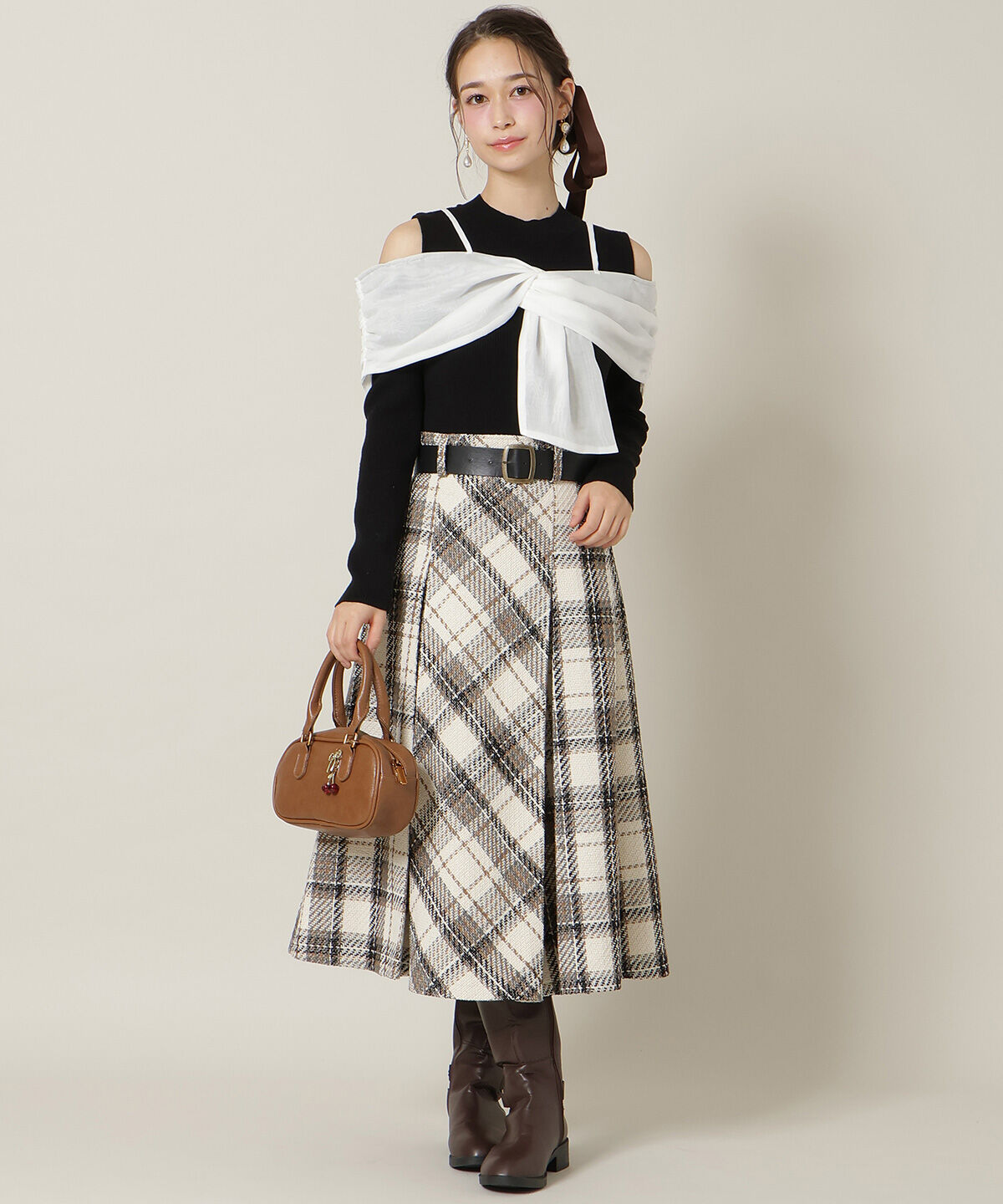 WILLSELECTION「ベルト付きツイードミディ丈スカート」|フレア|