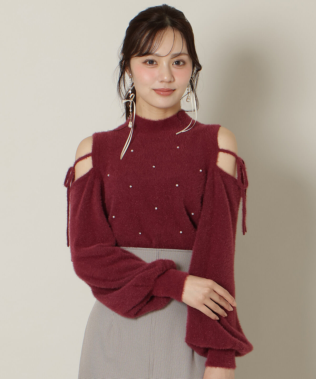 WILLSELECTION「パールビジューフェザーニットトップス」|ニット・セーター|ボルドー