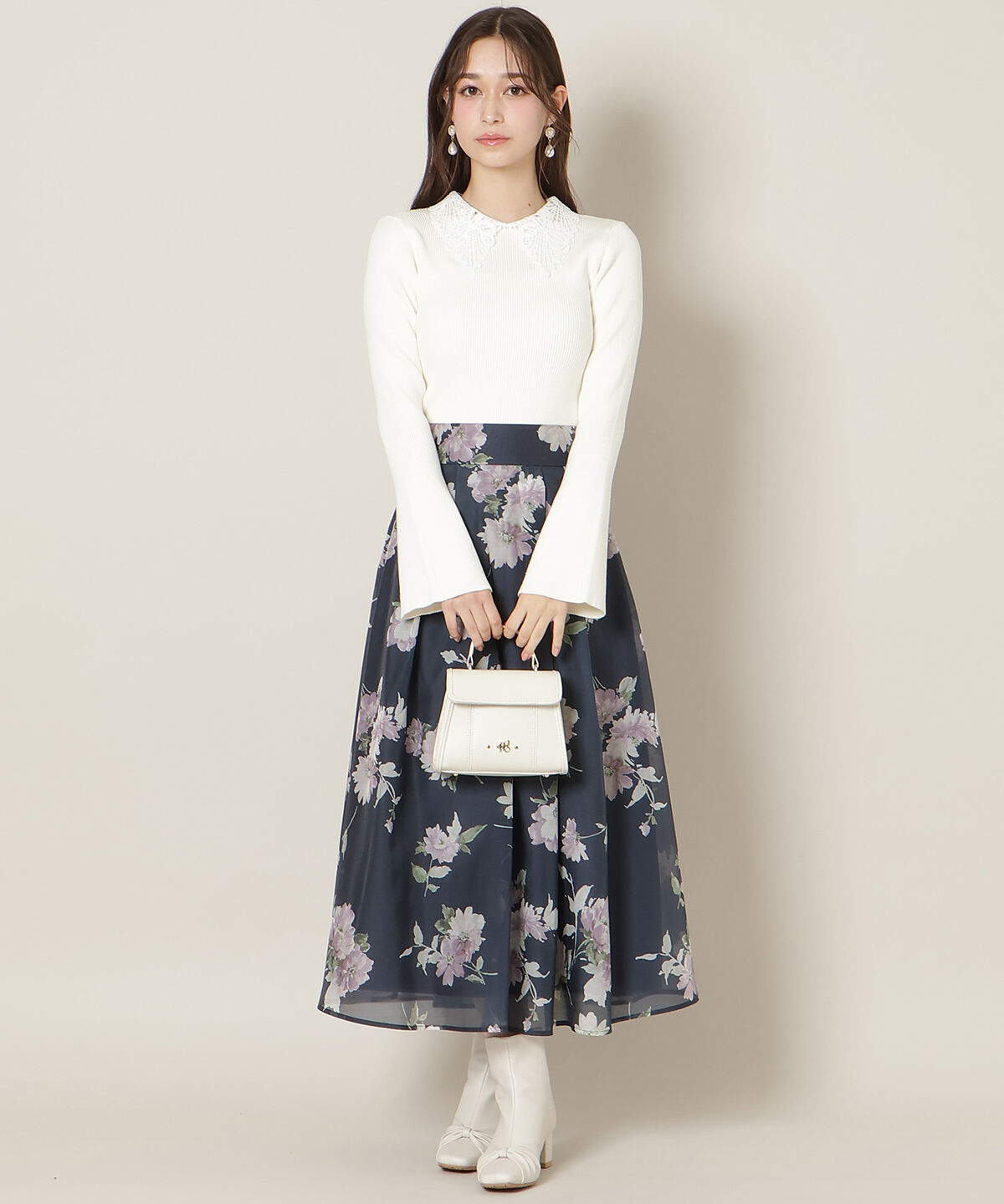 WILLSELECTION「フラワープリントシアータックスカート」|フレア|紺系花柄