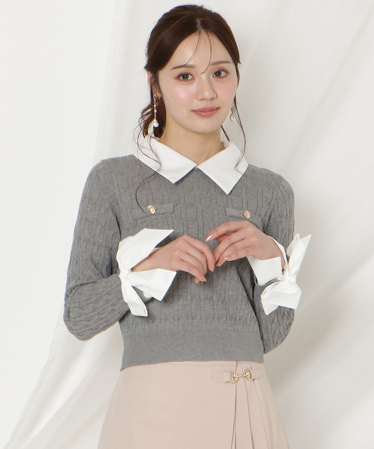 WILLSELECTION「リボンカフスドッキングケーブルニット」|ニット・セーター|グレー