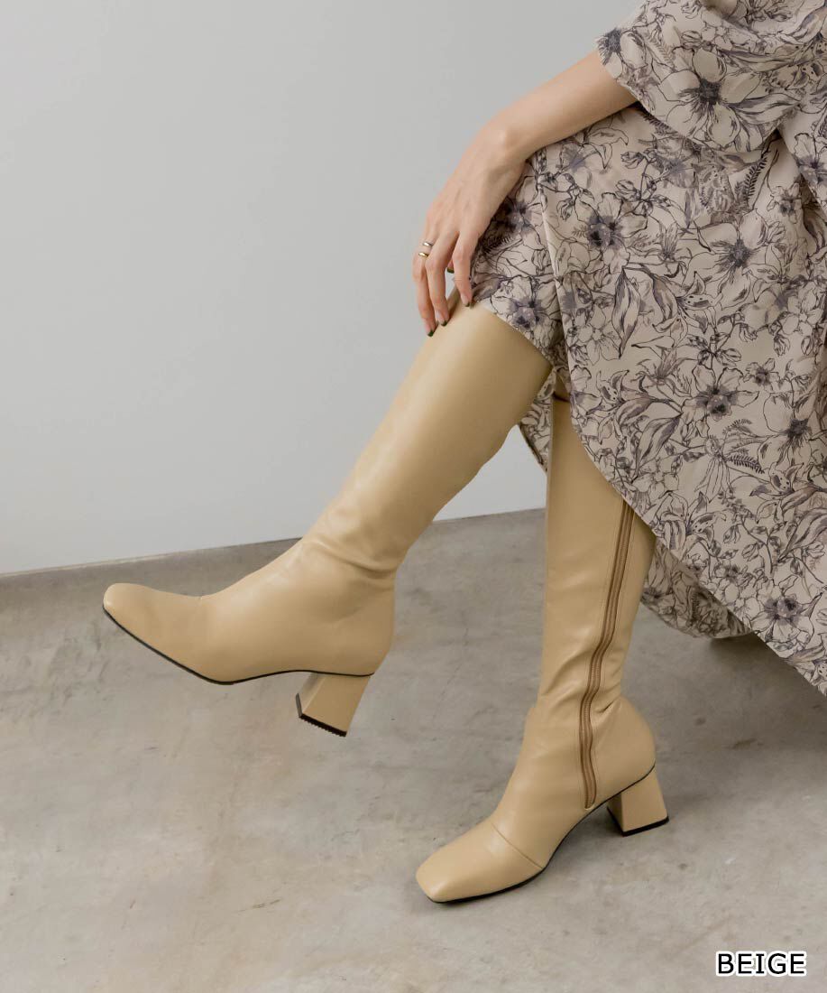  「晴雨兼用ソフトストレッチ WARM スクエアトゥロングブーツ」|ロングブーツ|ベージュ
