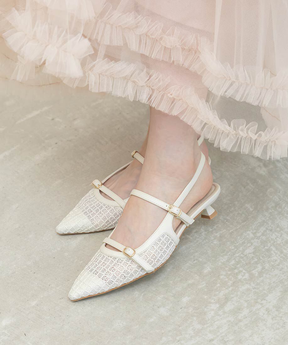  「シアーチェックバックストラップパンプス」|パンプス|アイボリー