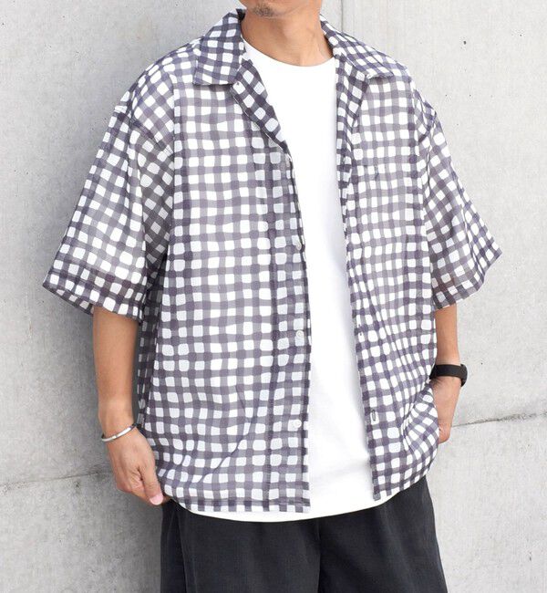 SHIPS any「SHIPS any: メッシュ オンブレチェック / ウェーブ パターン オープンカラー シアー シャツ◇」|シャツ・ブラウス|