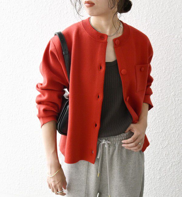 SHIPS any「SHIPS any: ミラノリブ ノーカラー ニット ジャケット カーディガン」|カーディガン|レッド