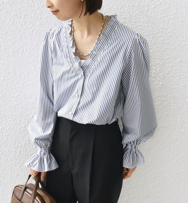 SHIPS for women「【WEB限定】〈手洗い可能〉 シャーリング Vネック 長袖 ブラウス」|シャツ・ブラウス|