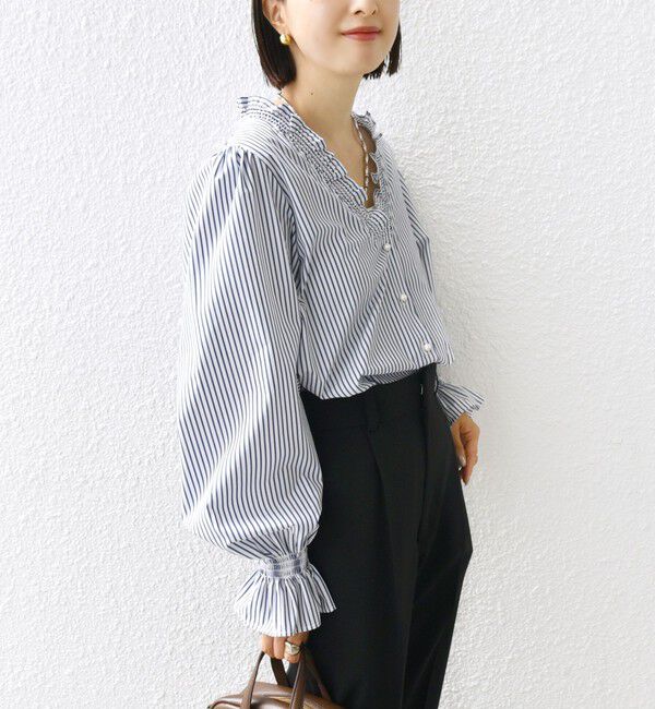 SHIPS for women「【WEB限定】〈手洗い可能〉 シャーリング Vネック 長袖 ブラウス」|シャツ・ブラウス|